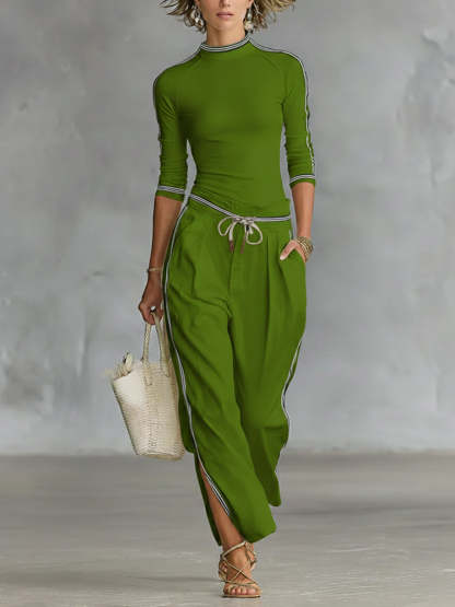 Women’s Cozy Stretch Knit Top And Linen And Cotton Trousers Two-piece Set