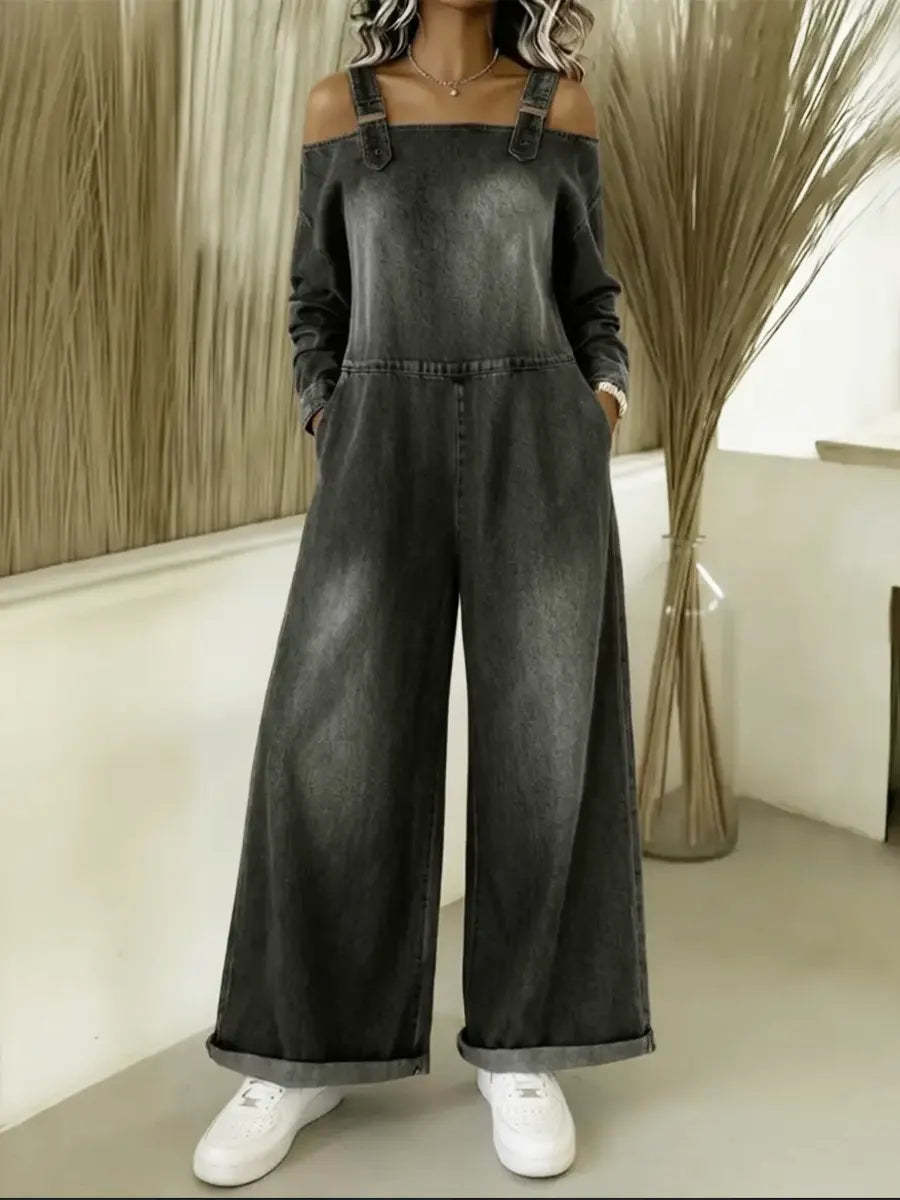 Women's Fashionable Off-the-shoulder Denim Jumpsuit