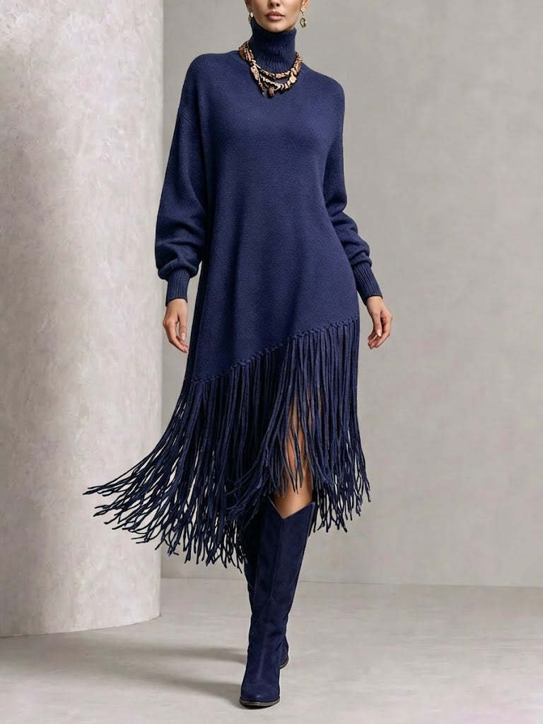 Turtleneck Diagonal Fringe Oversized Knit Midi Dress