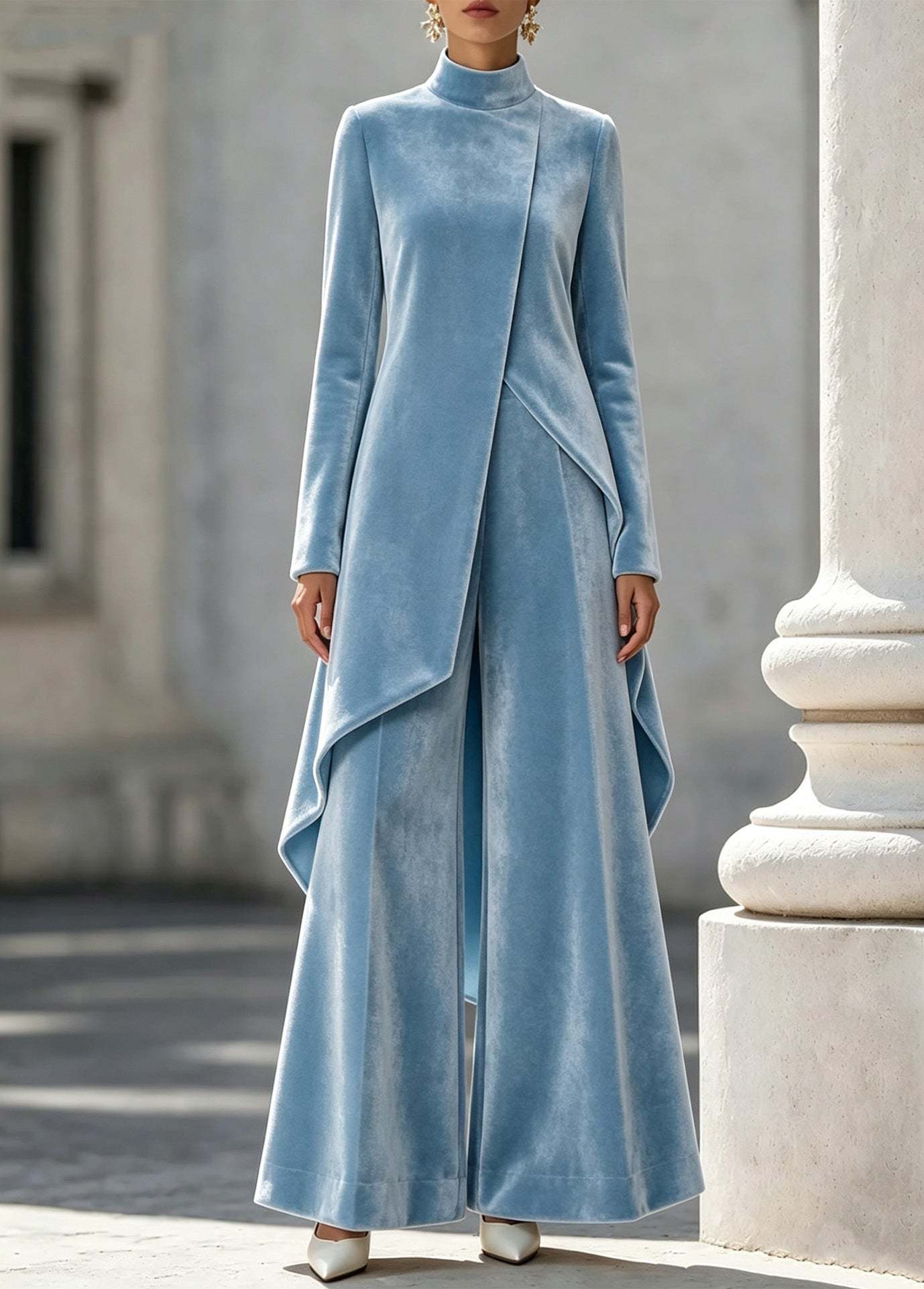 Elegant And Luxurious Velvet High-neck Top And Trousers Set