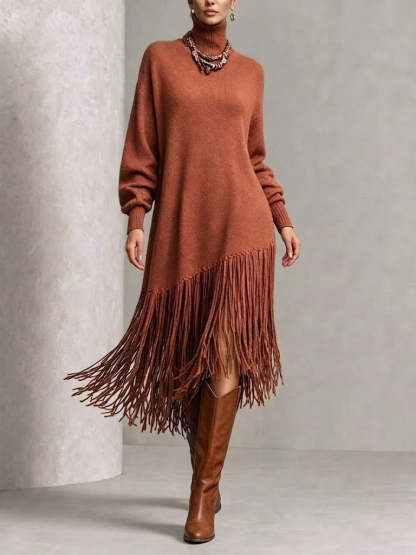 Turtleneck Diagonal Fringe Oversized Knit Midi Dress