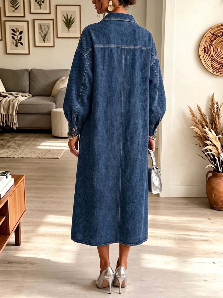 Women's Oversized Gold Button Long Denim Coat Dress