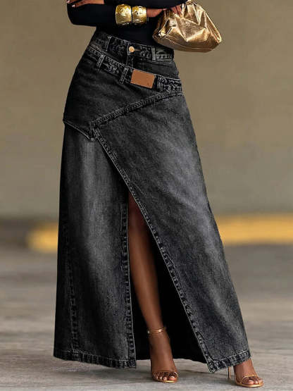 Women's Denim High Waisted Asymmetrical Slit Maxi Skirt