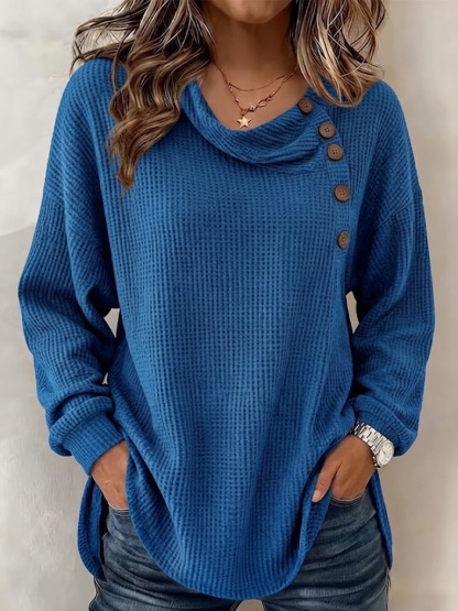 Women's Solid Color Waffle-knit Long-sleeve Button-down Casual Shirt / Comfortable Top