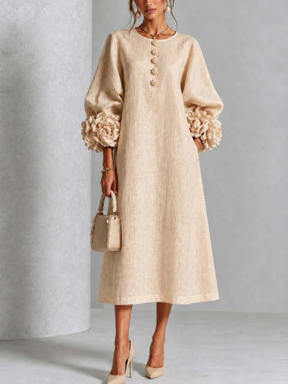 Elegant Blush Pink 3D Rosette Midi Dress
