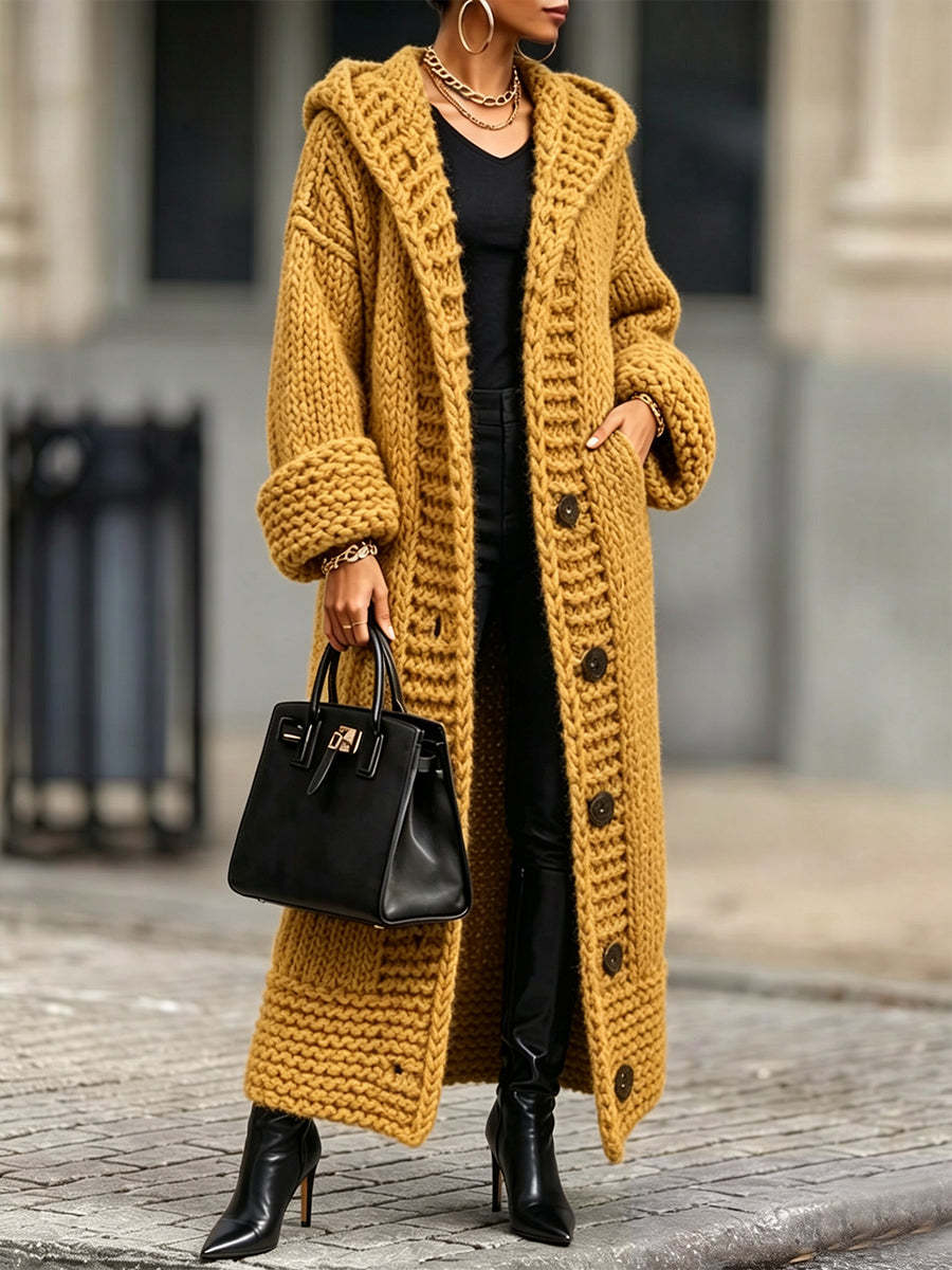 Casual, Relaxed-fit, Long, Chunky-knit Hooded Cardigan