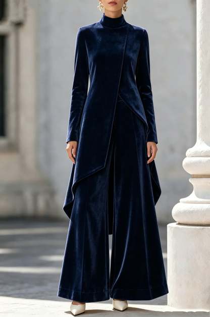 Elegant And Luxurious Velvet High-neck Top And Trousers Set