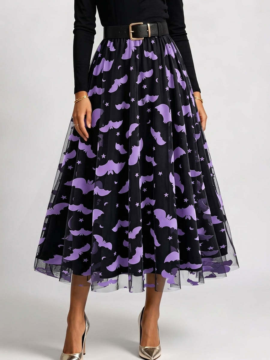 Polyester Women's High-waisted Casual Loose Halloween-themed Flocked Print Mesh A-line Skirt