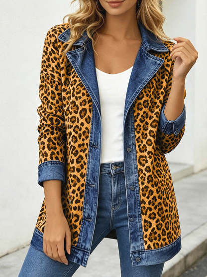 Chic Leopard Print and Denim Patchwork Jacket