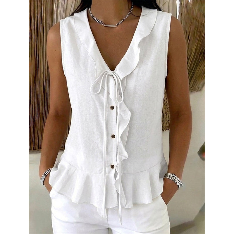 Women's Sleeveless Ruffle Trim V-Neck Top