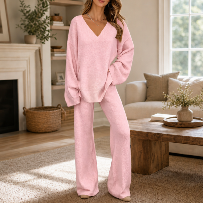 Vellora – V-Neck Knit Sweater And Wide-Leg Trouser Set