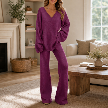 Vellora – V-Neck Knit Sweater And Wide-Leg Trouser Set