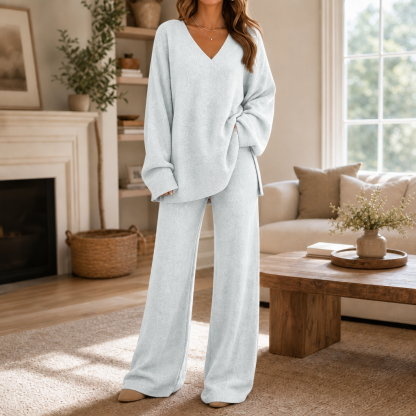 Vellora – V-Neck Knit Sweater And Wide-Leg Trouser Set
