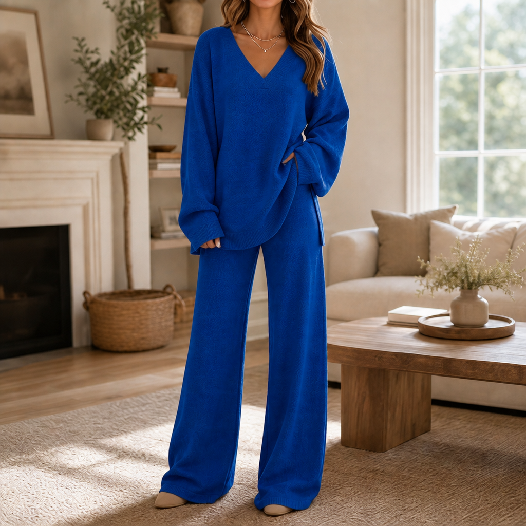Vellora – V-Neck Knit Sweater And Wide-Leg Trouser Set