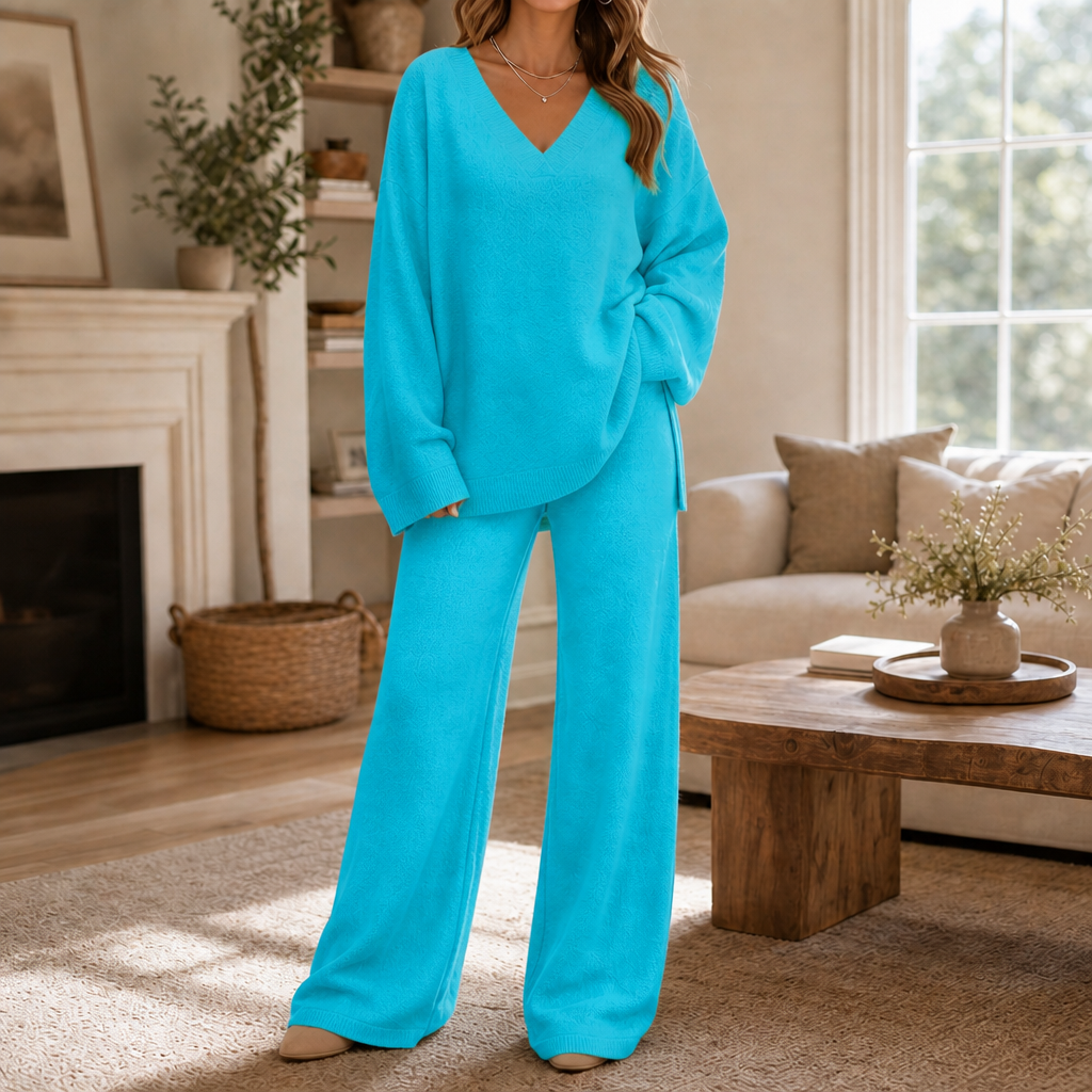 Vellora – V-Neck Knit Sweater And Wide-Leg Trouser Set