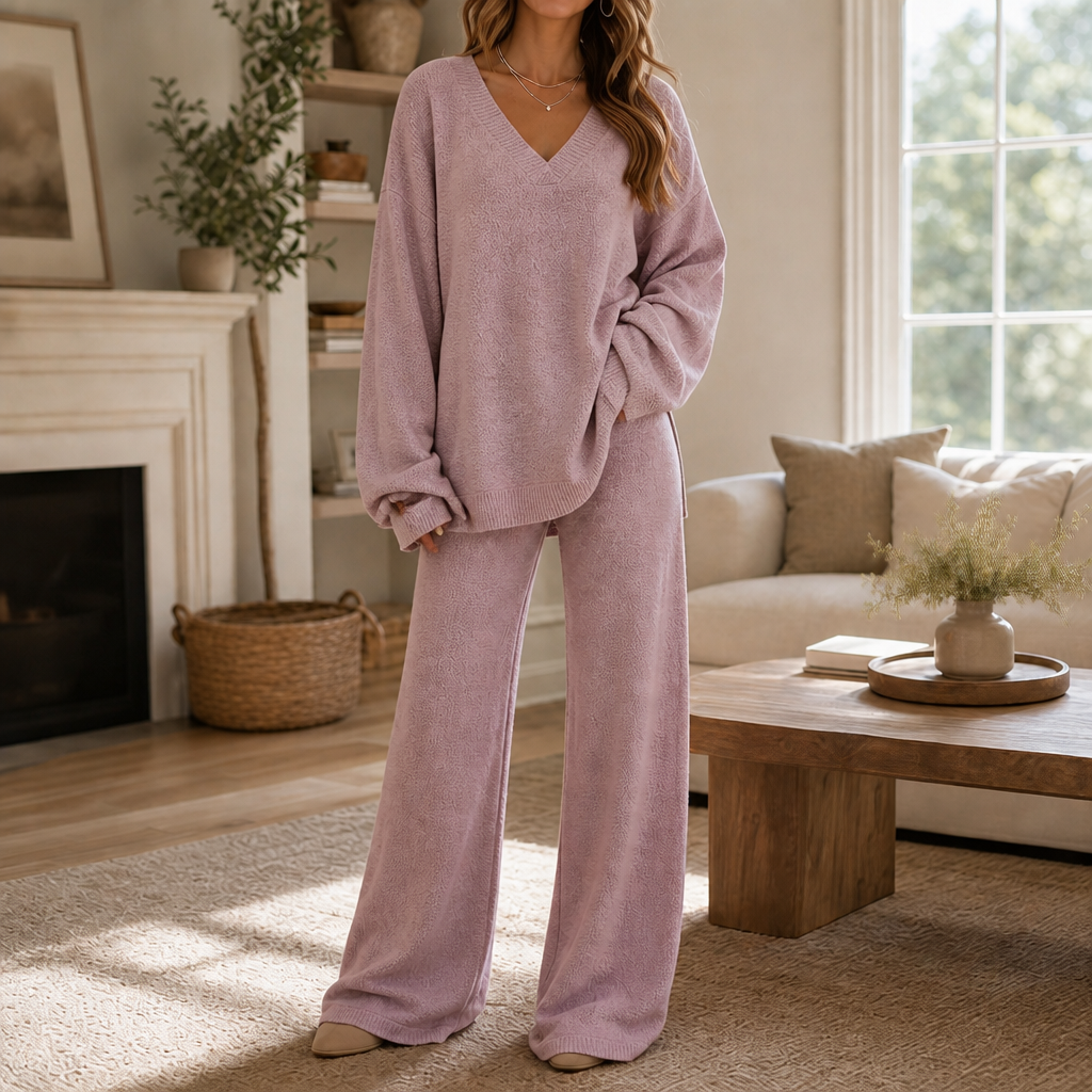 Vellora – V-Neck Knit Sweater And Wide-Leg Trouser Set