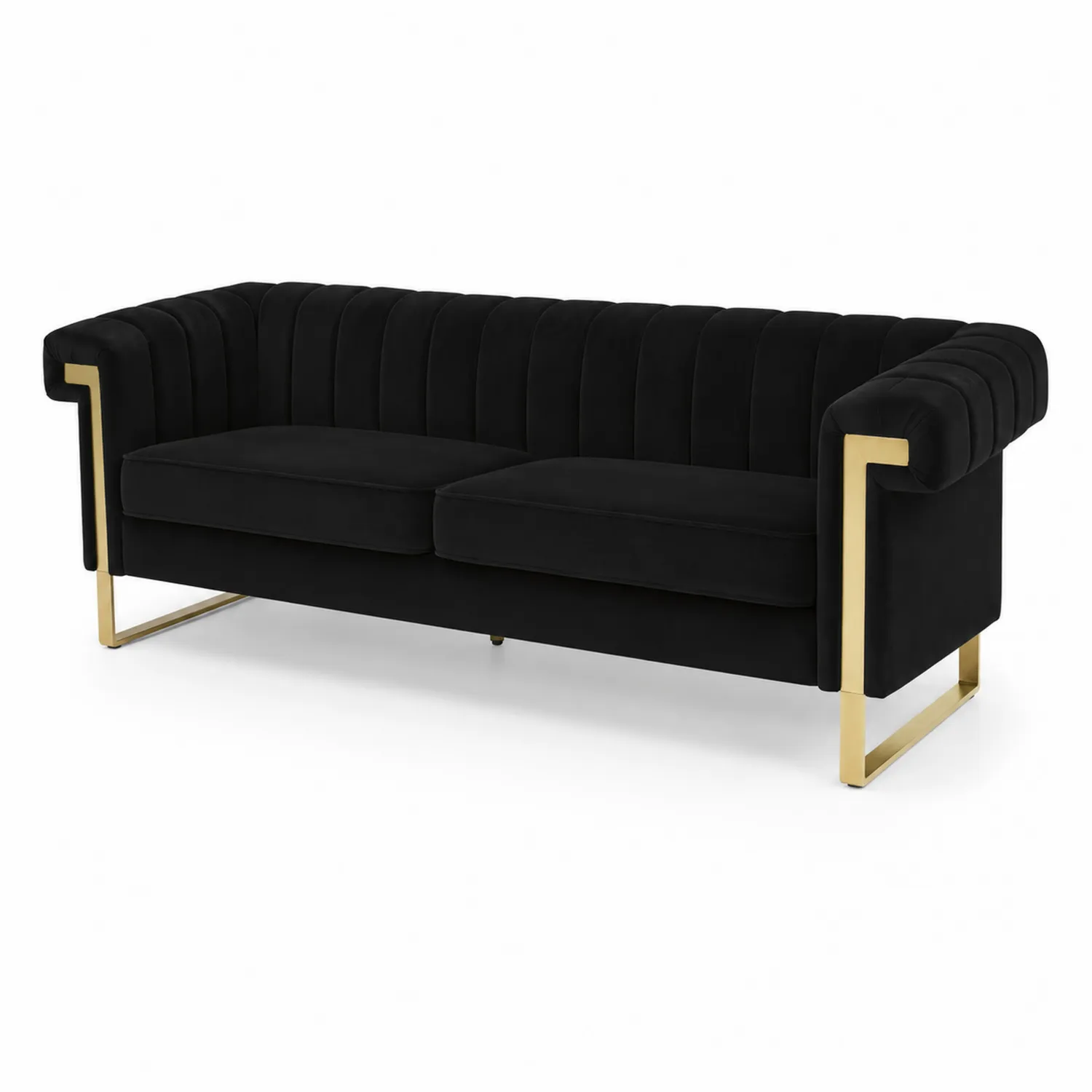 Czarna welurowa sofa z metalowymi nogami