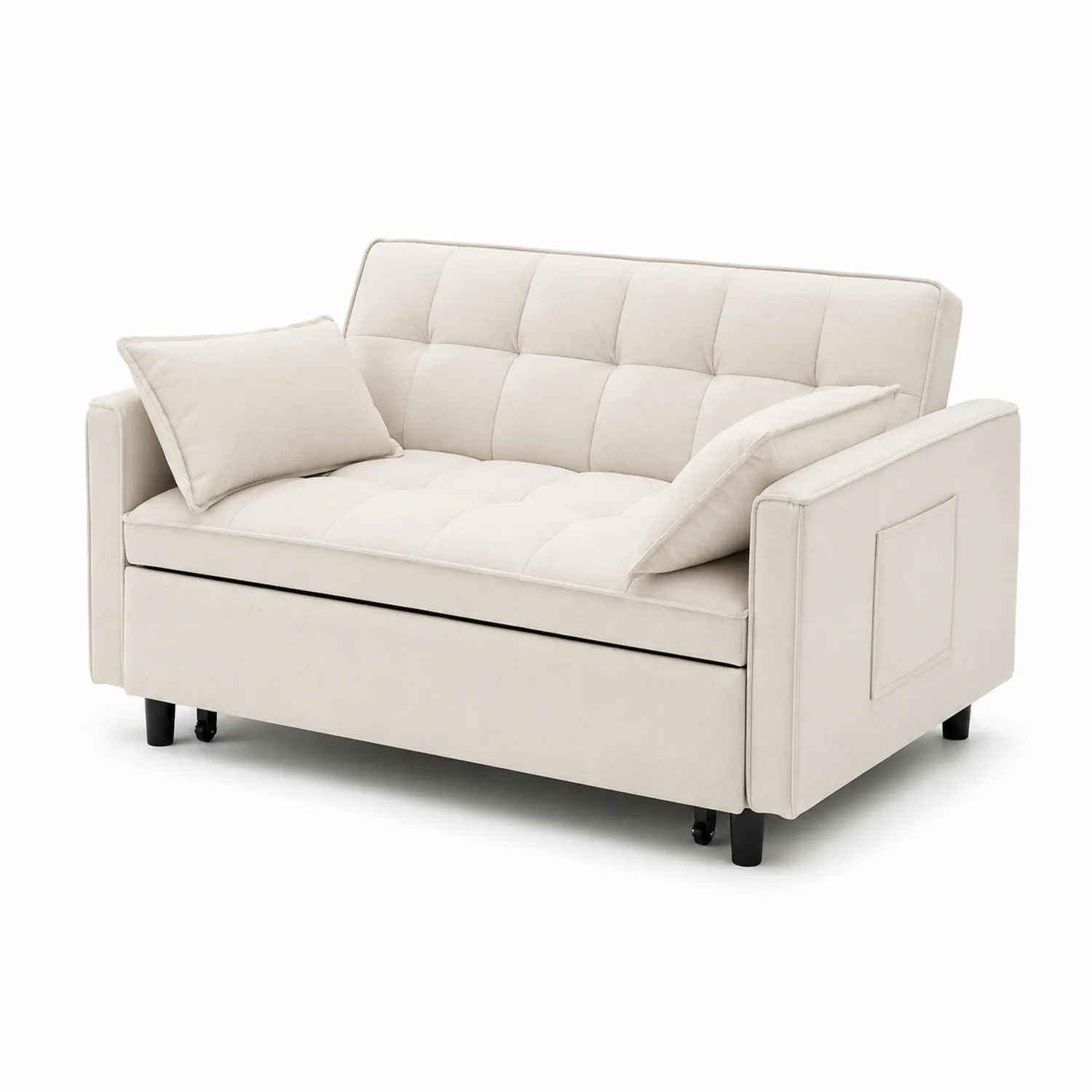 Sofa dwuosobowa kremowa materiałowa z poduszkami