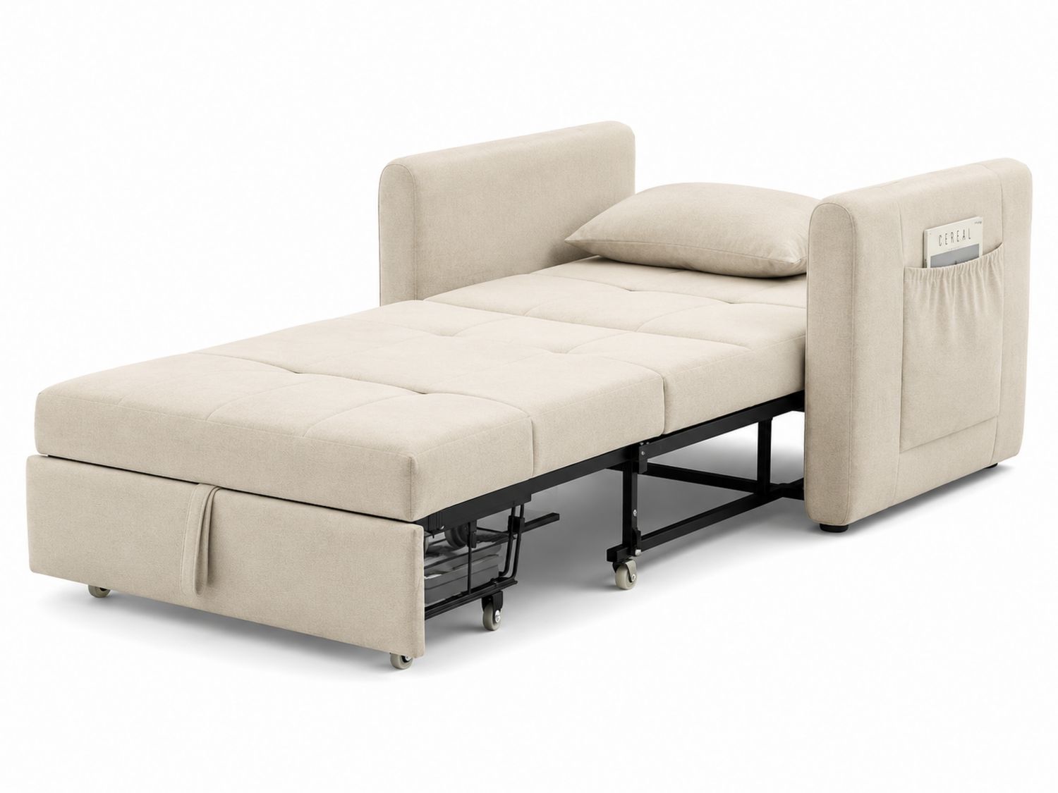 Sofa jednoosobowa z funkcją łóżka beżowa z poliestrową tkaniną