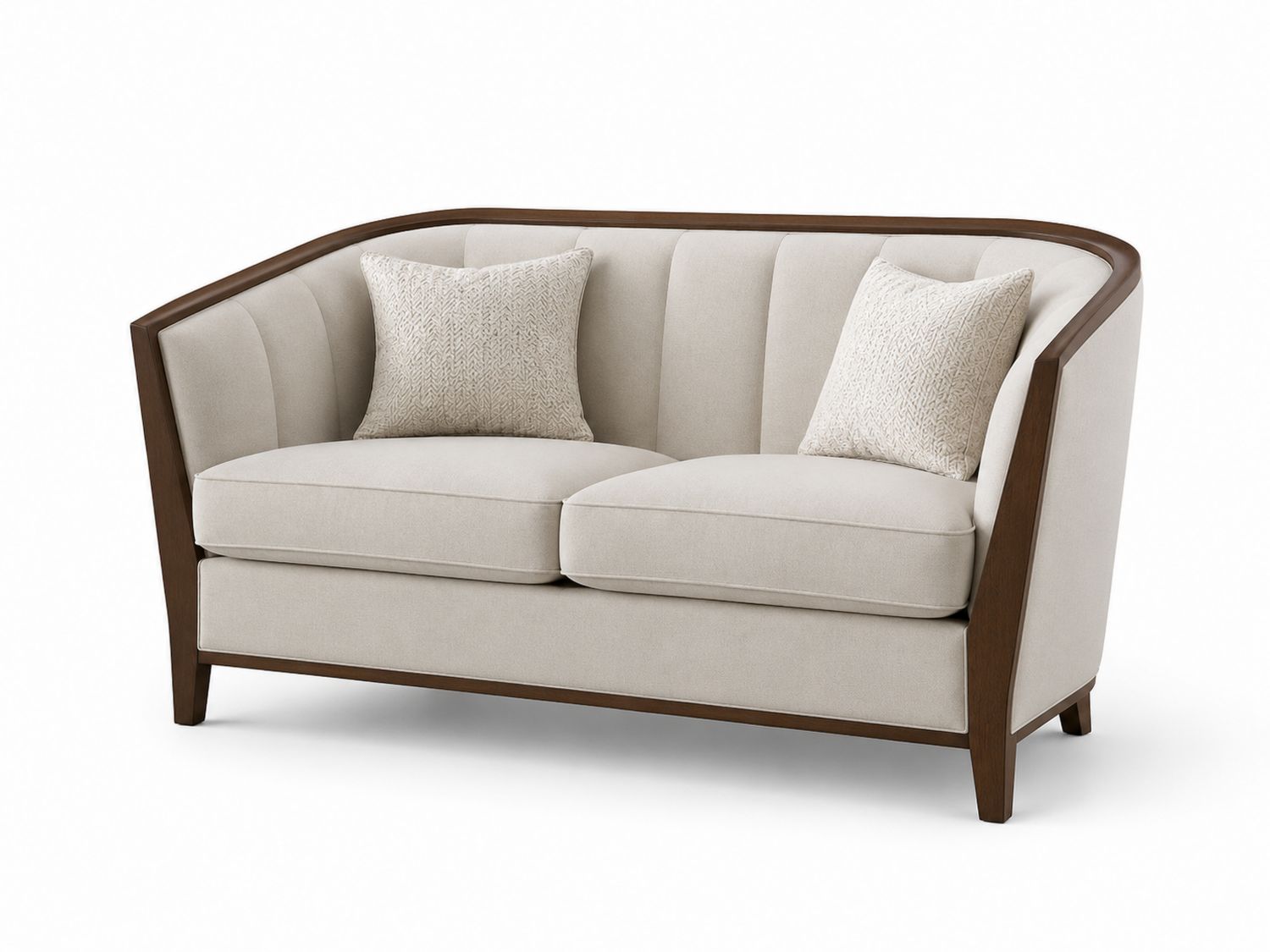Dwuosobowa sofa drewniana z beżową tapicerką