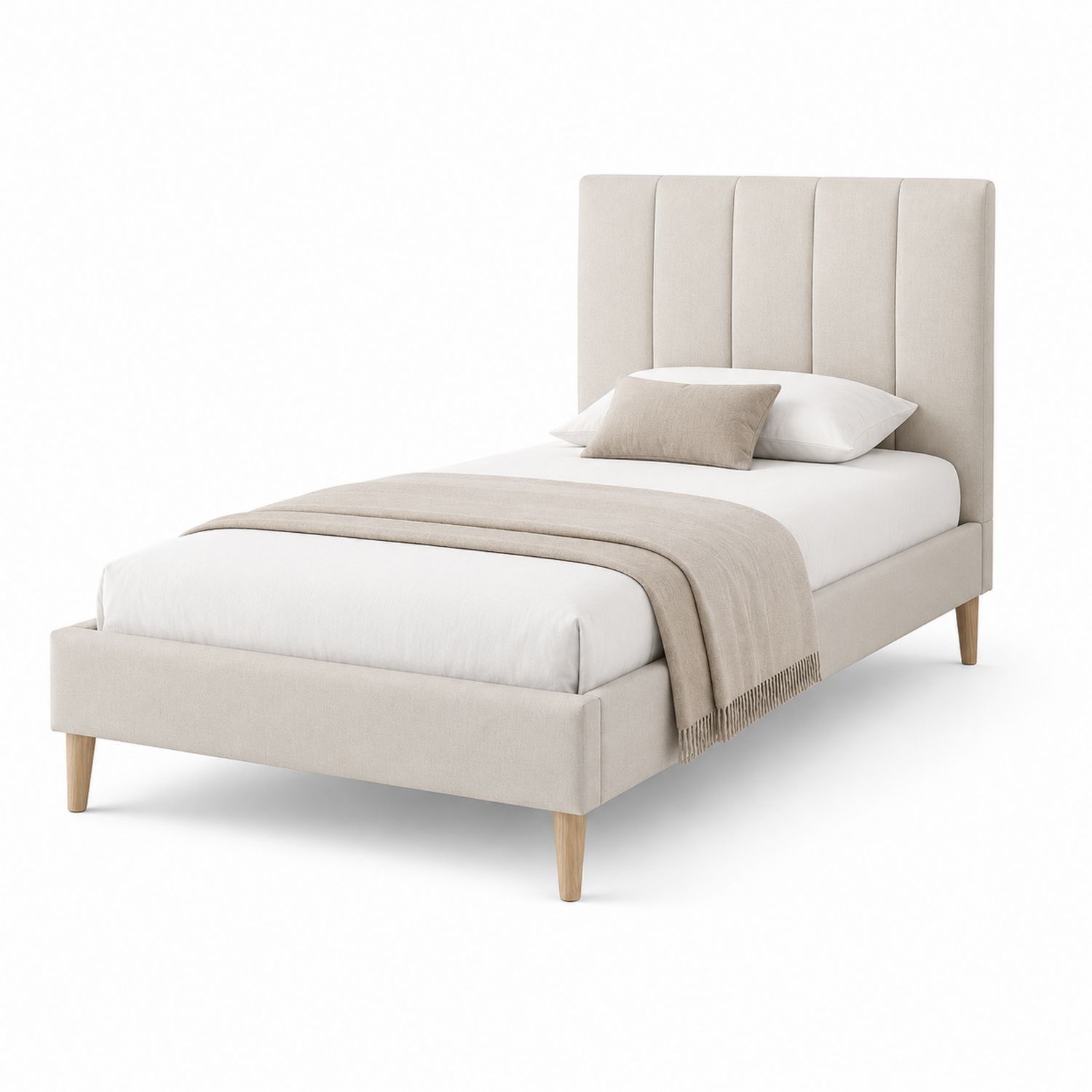 Łóżko tapicerowane beżowe 90x200 cm z drewnianymi nogami