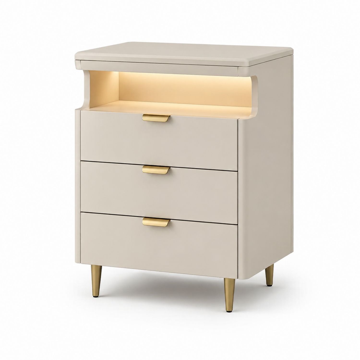 Stolik nocny MDF z uchwytami aluminiowymi i stalowymi nogami, jasny beż