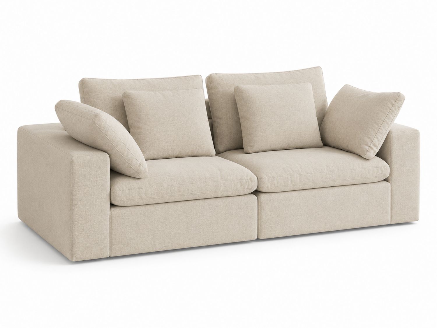 Beżowa sofa dwuosobowa z tkaniny z poduszkami