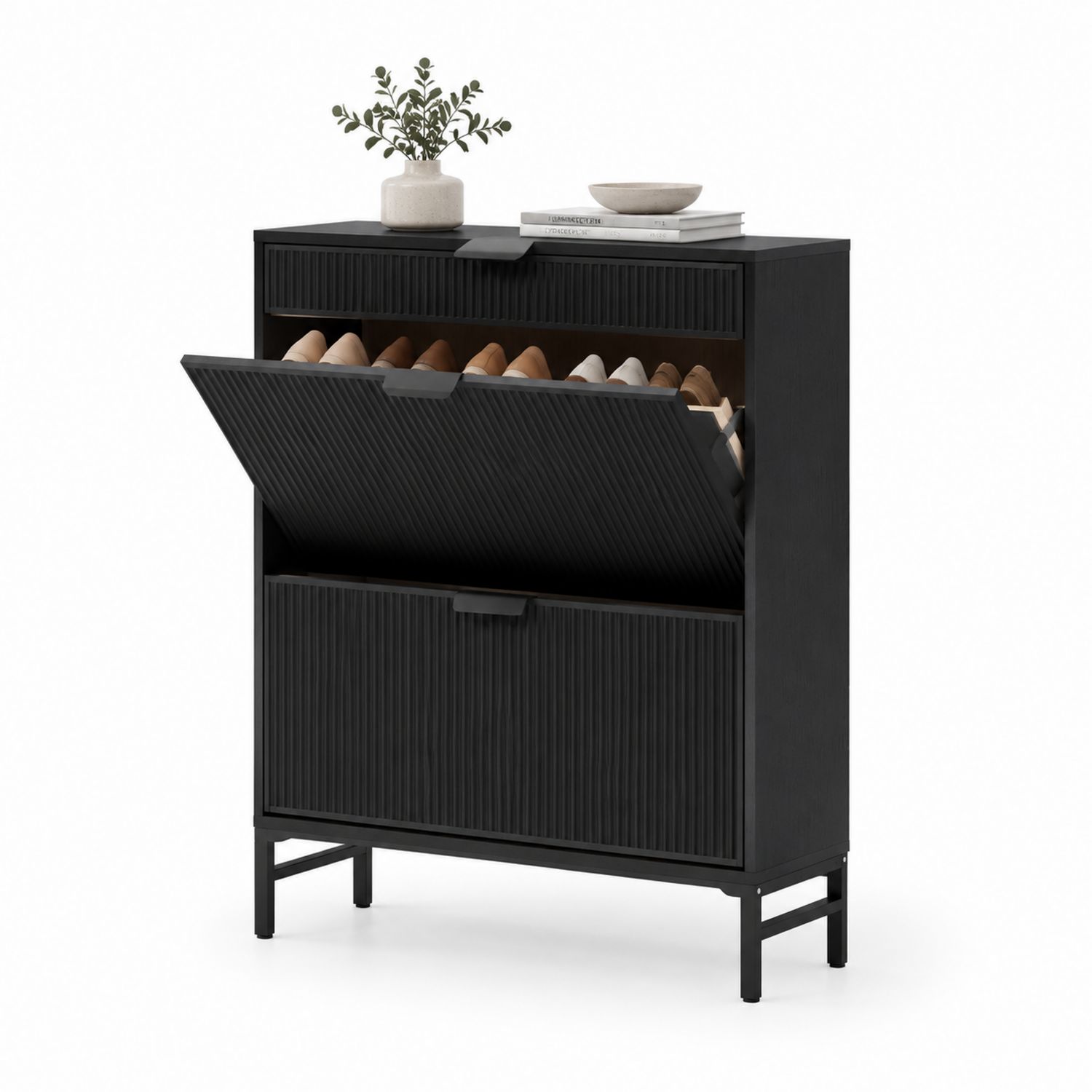 Czarna szafka na buty z uchylnymi drzwiami, MDF i metal, 80x35x120 cm