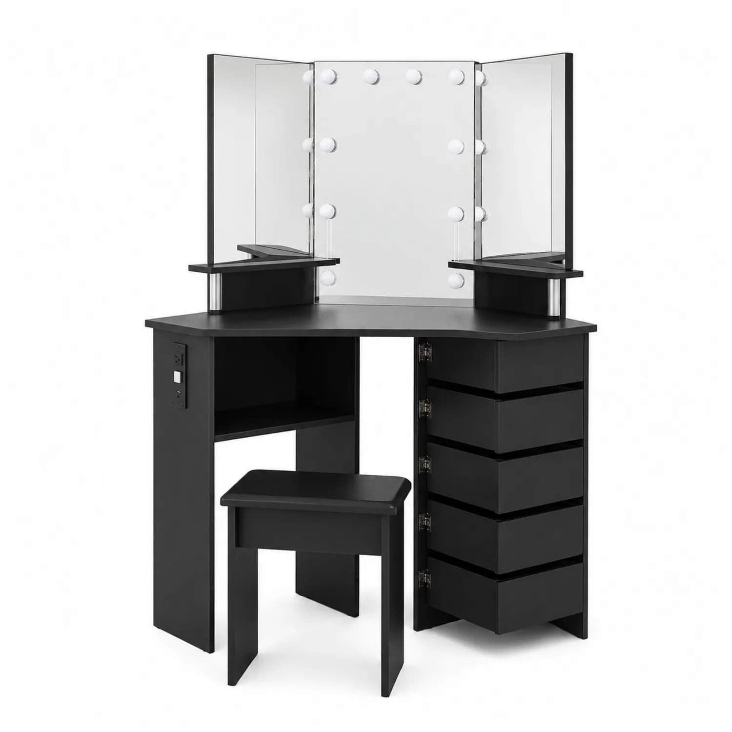 Czarna toaletka narożna z oświetleniem, 3 lustra, 6 szuflad, MDF, 120 cm-Wohnkulturcraft