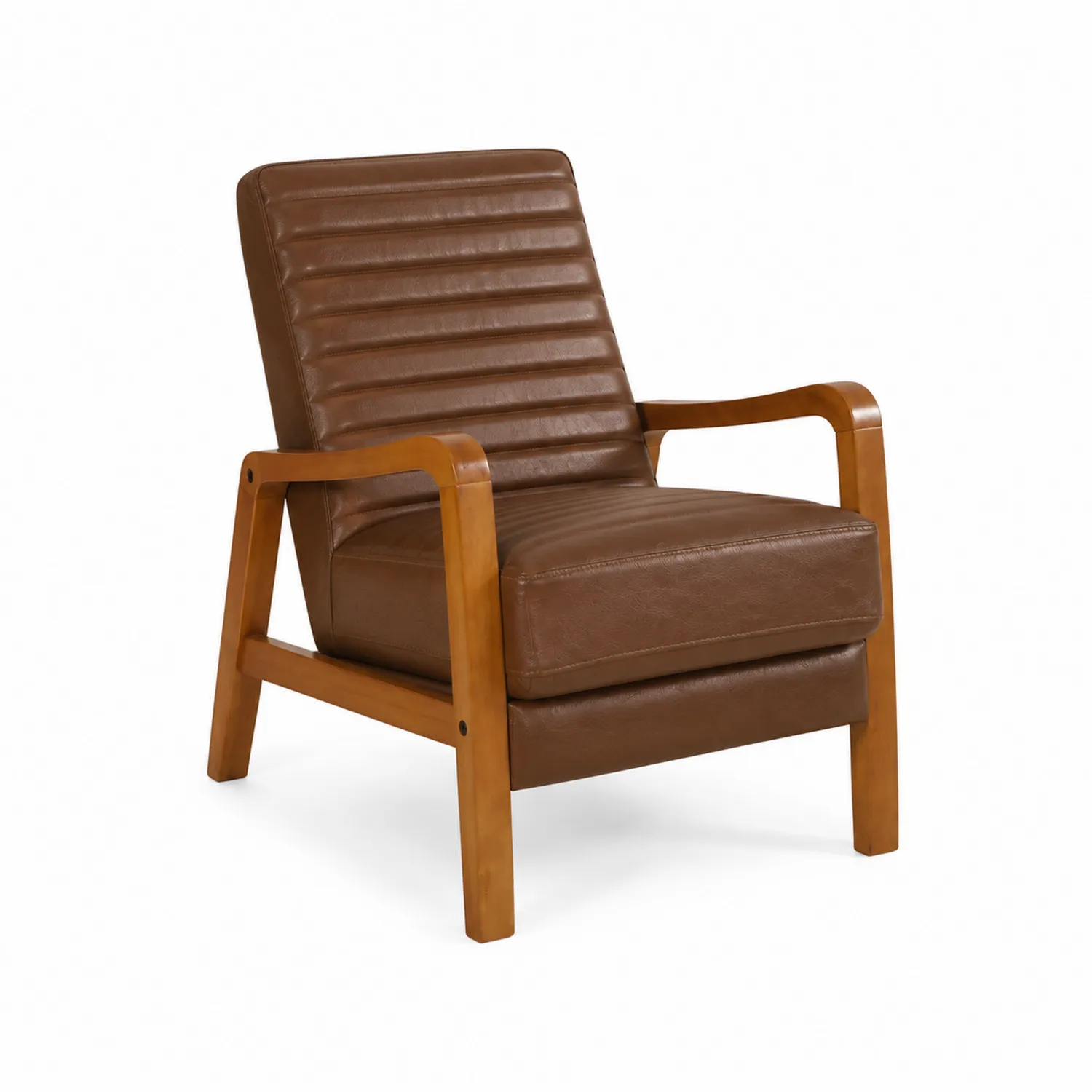 Fotel drewniany z brązową tapicerką z ekoskóry 75 cm-Wohnkulturcraft