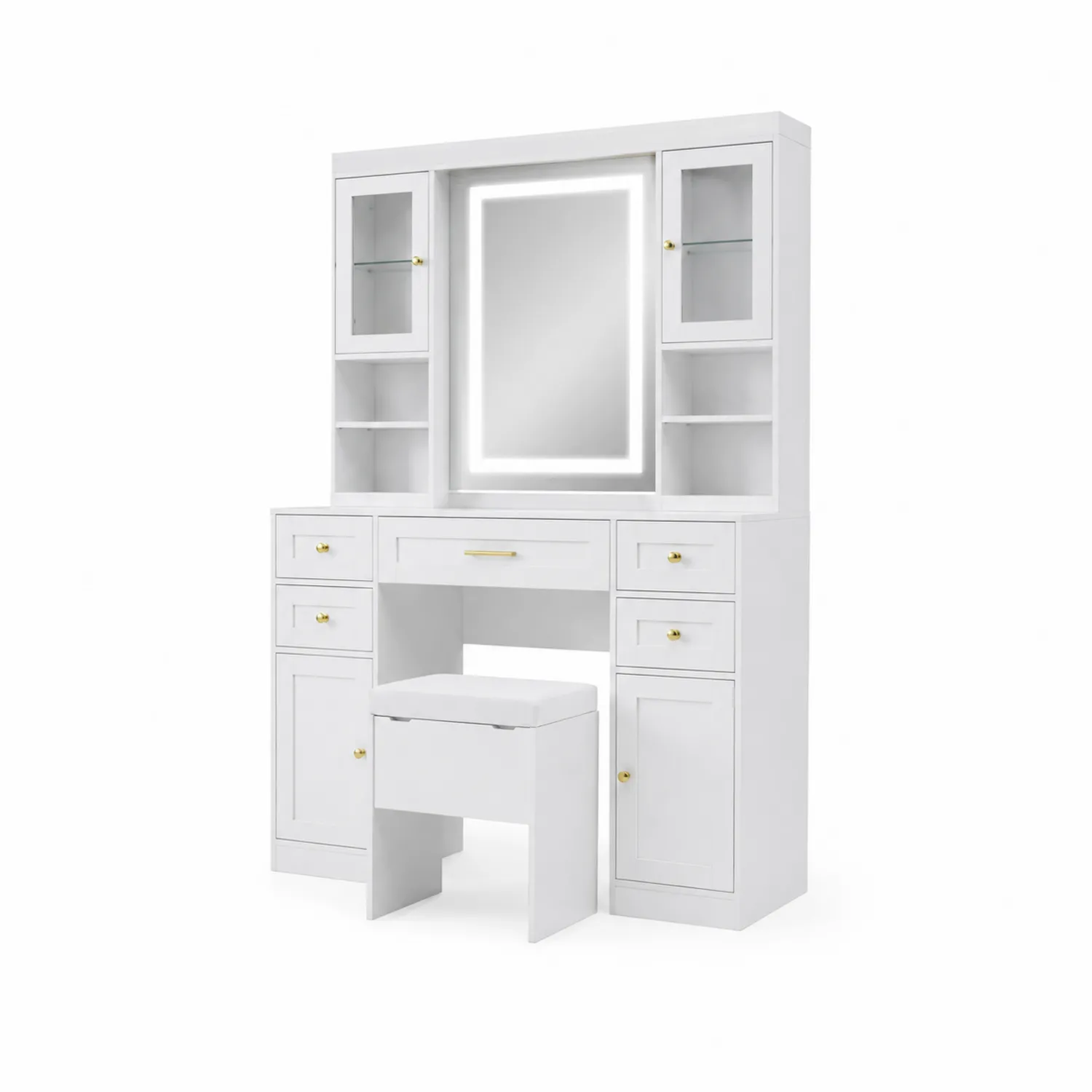 Toaletka z lustrem LED, biała, MDF i metal-Wohnkulturcraft