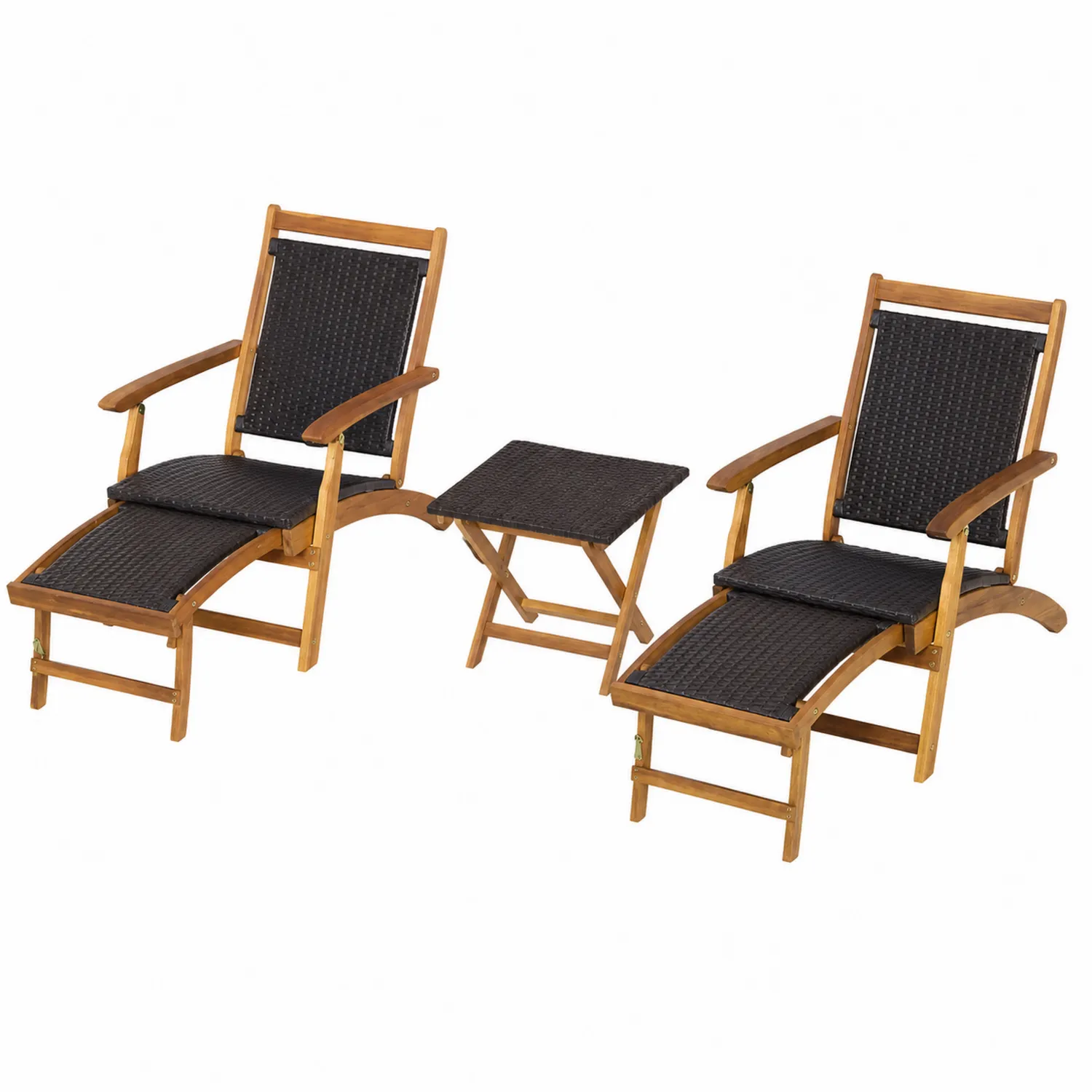 Zestaw mebli ogrodowych z drewna akacjowego i technorattanu: 2 leżaki i stolik, Czarny-Wohnkulturcraft