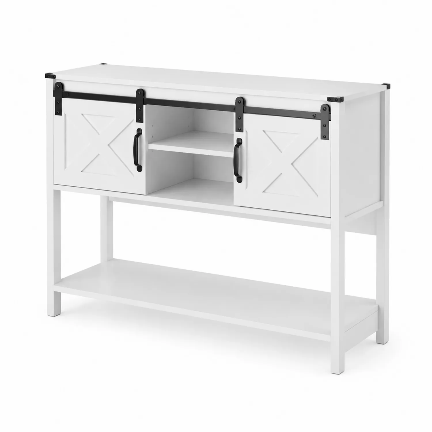 Stół konsolowy biały z drzwiami przesuwnymi MDF i półkami-Wohnkulturcraft