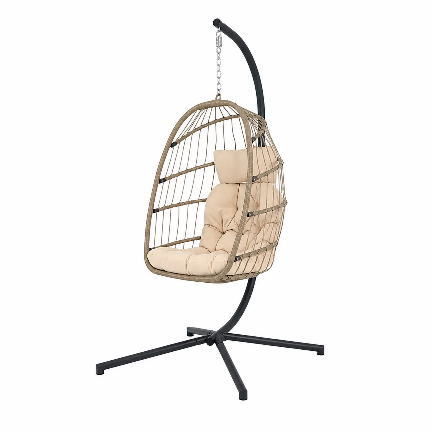 Wiszący fotel z poduszkami, stalowy i rattanowy, beżowy-Wohnkulturcraft
