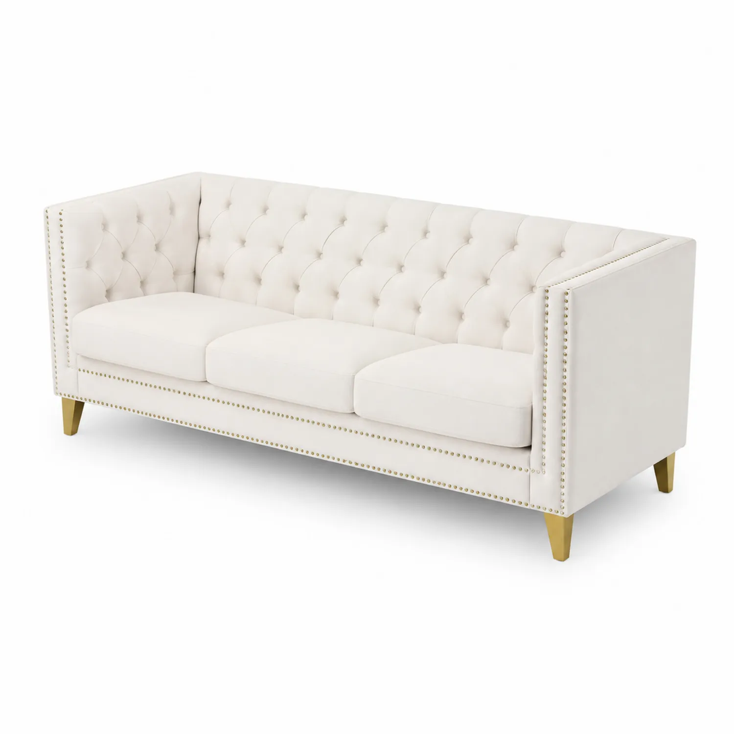 Sofa trzyosobowa tkanina poliester kremowa drewniane nóżki-Wohnkulturcraft