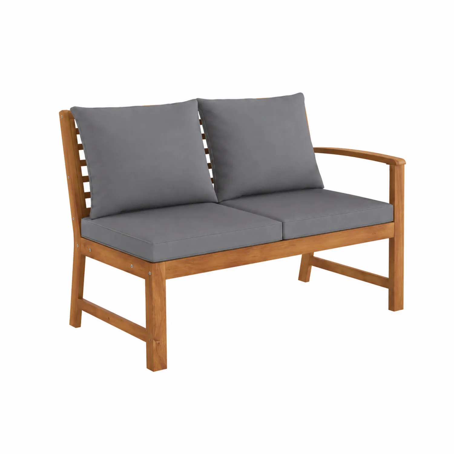 Dwuosobowa sofa ogrodowa z akacji z szarymi poduszkami-Wohnkulturcraft
