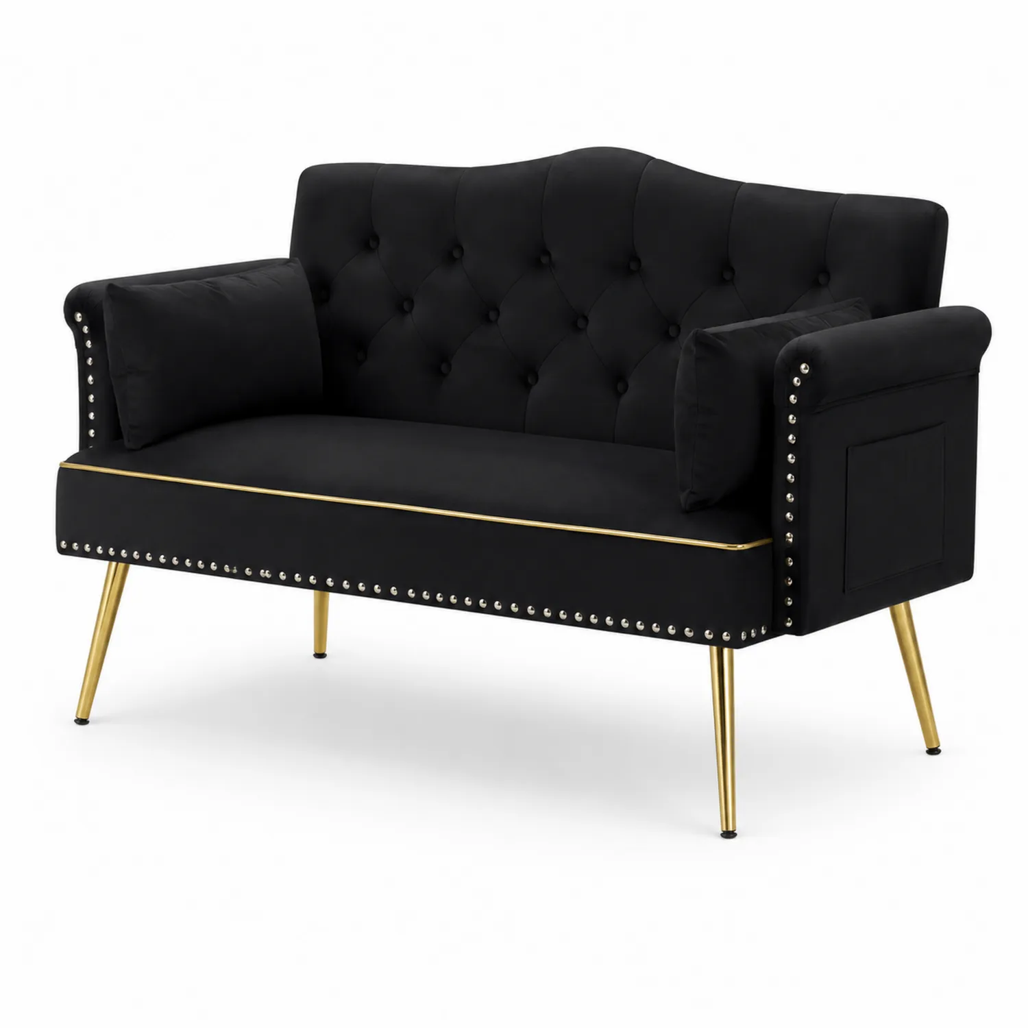 Sofa dwuosobowa aksamitna czarna z metalowymi nogami-Wohnkulturcraft