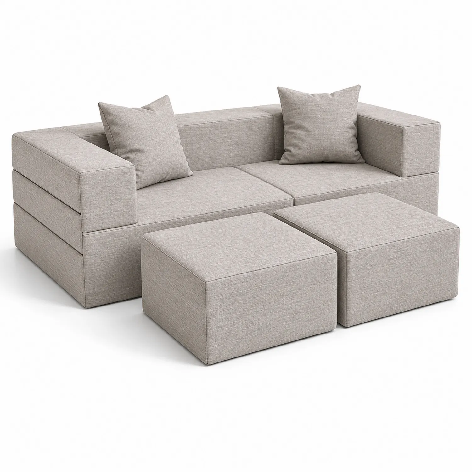 Sofa Sześcienna z Tkaniny z 2 Pufami Szara-Wohnkulturcraft