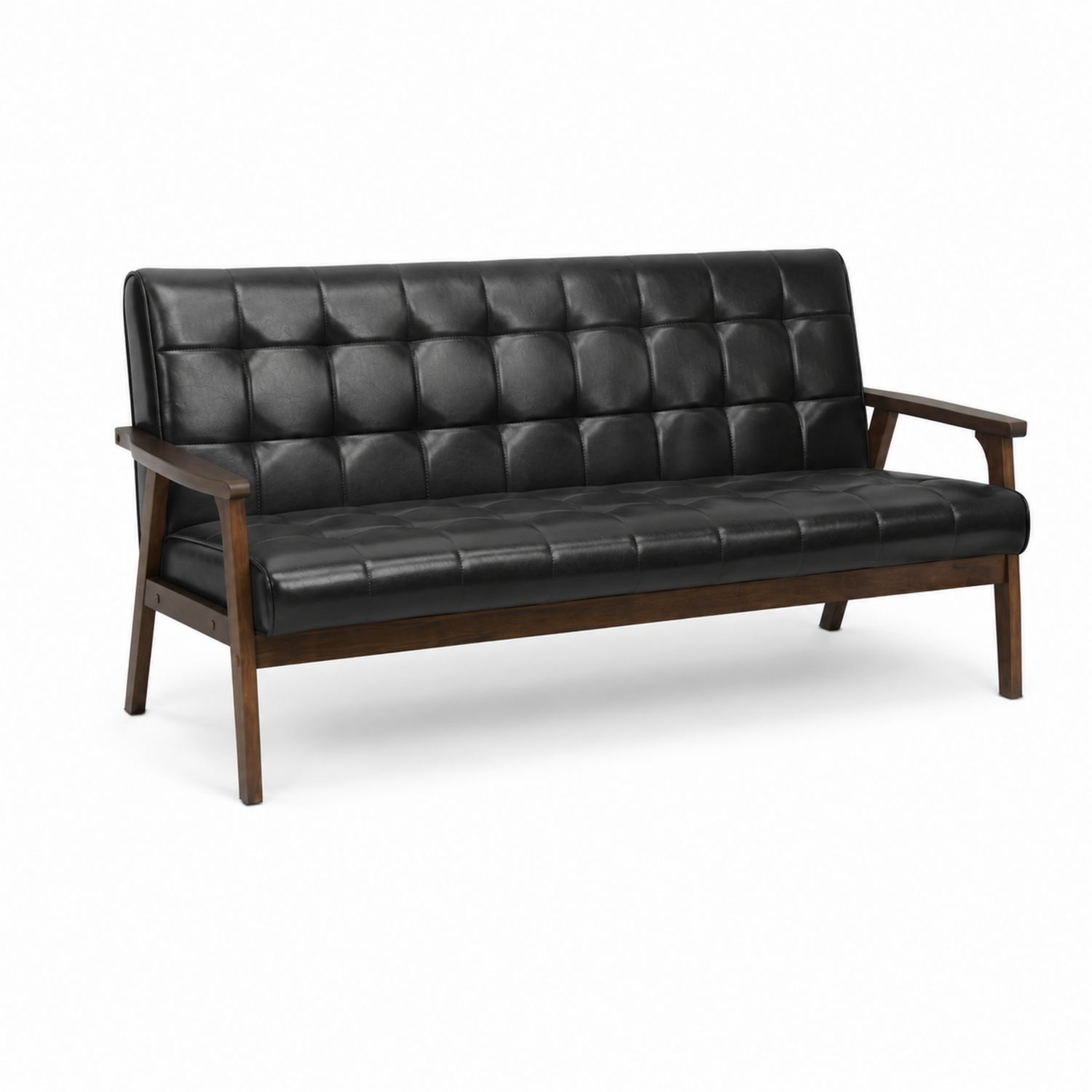 Sofa trzyosobowa z drewna i ekoskóry czarna