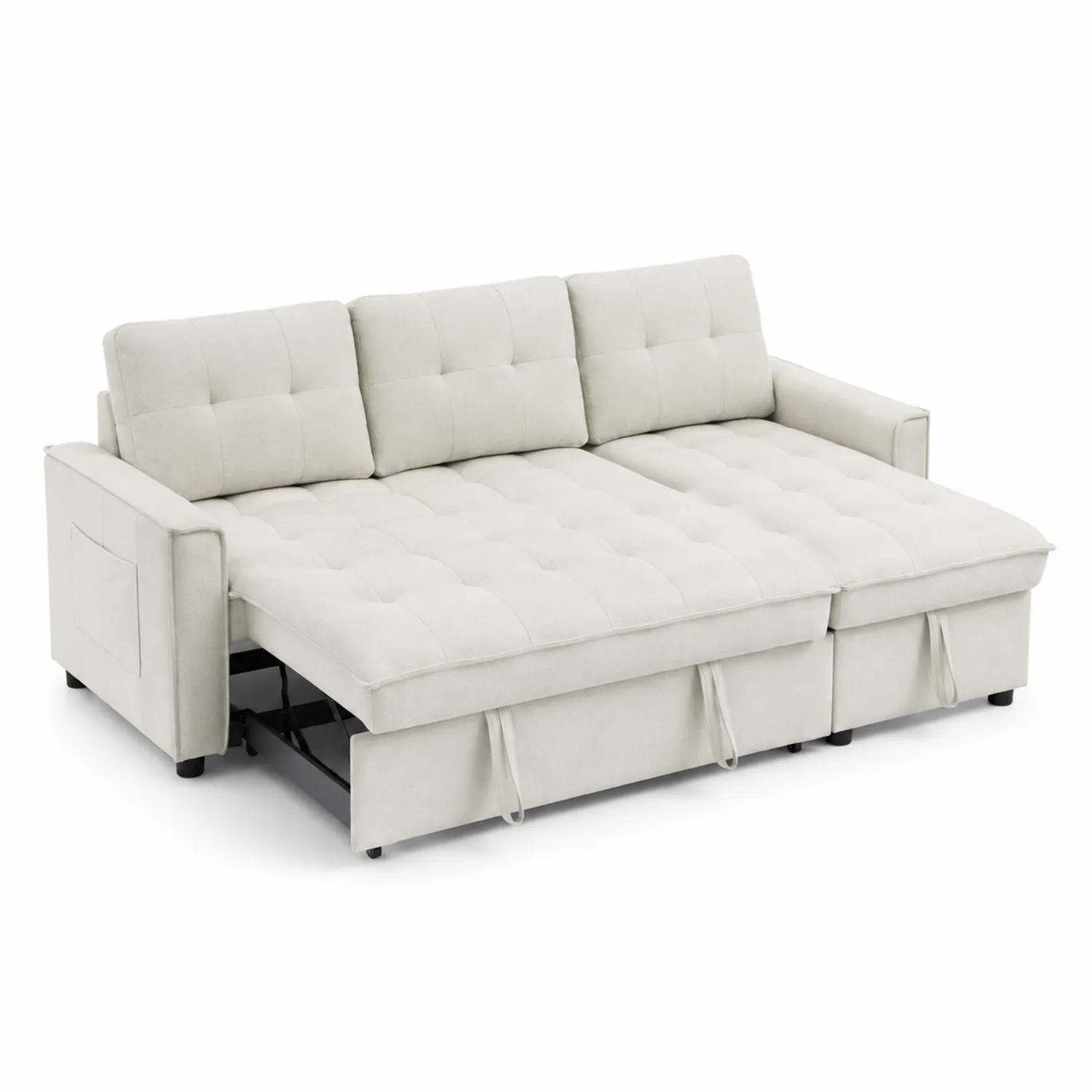 Rozkładana sofa narożna z poliestru beżowa