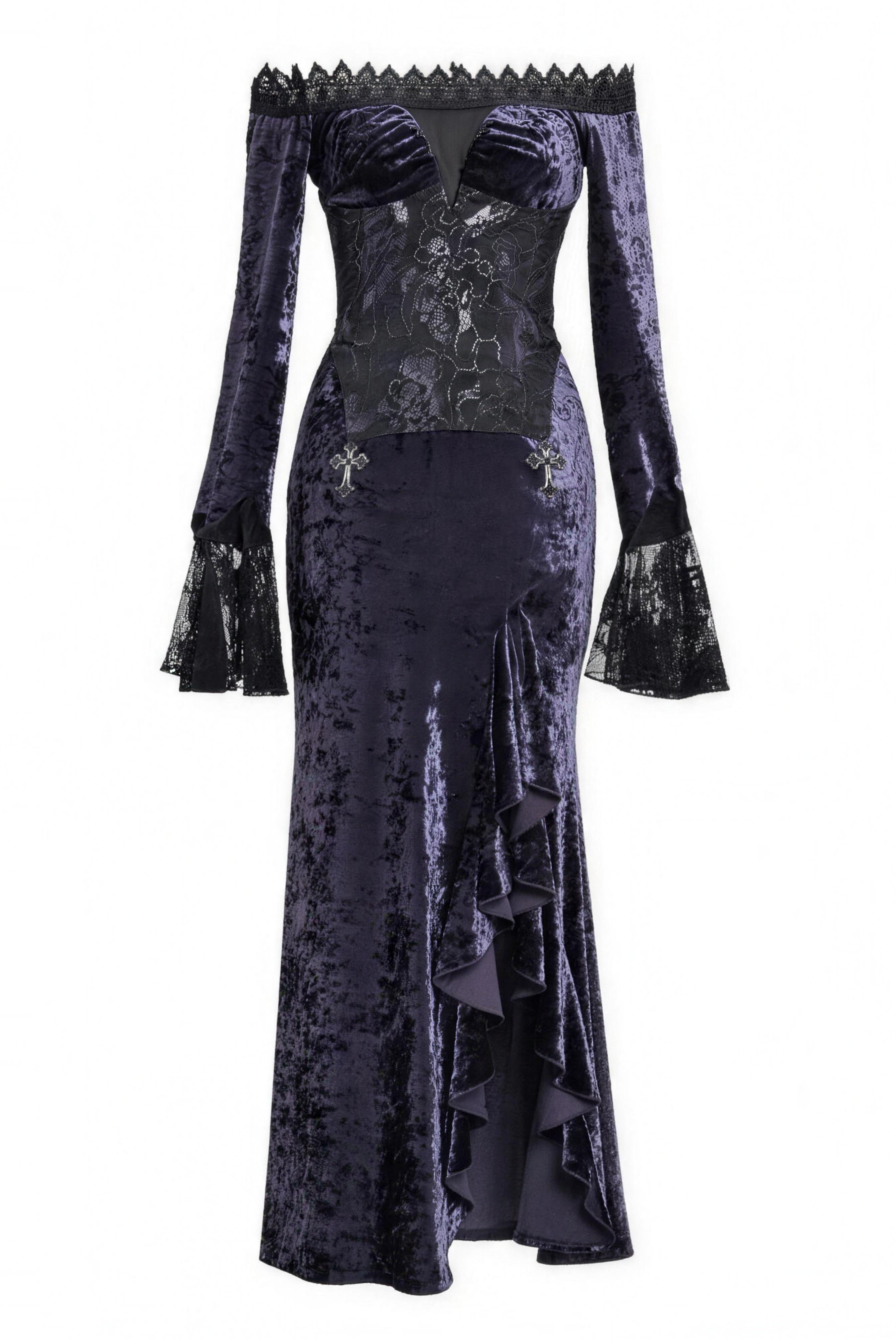Gothic off-shoulder atmospheric fitted mermaid long-sleeve dress