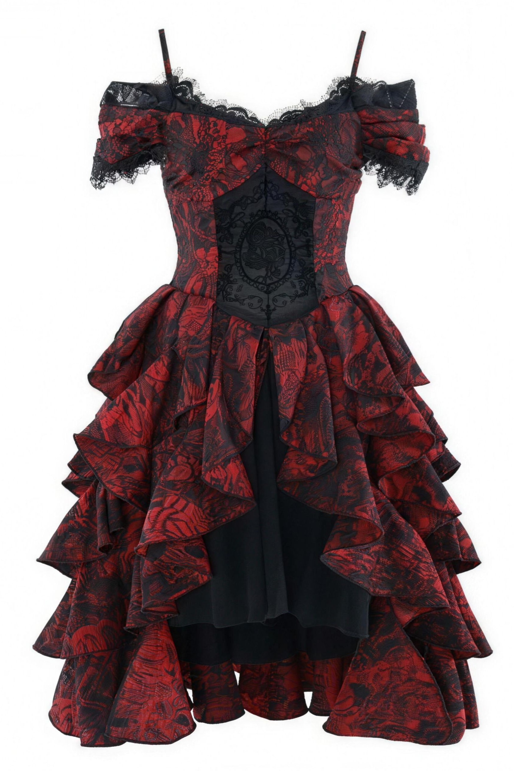 Underworld Feast Gothic Heavy Black and Red Jacquard Off-Shoulder Court Wave Dress