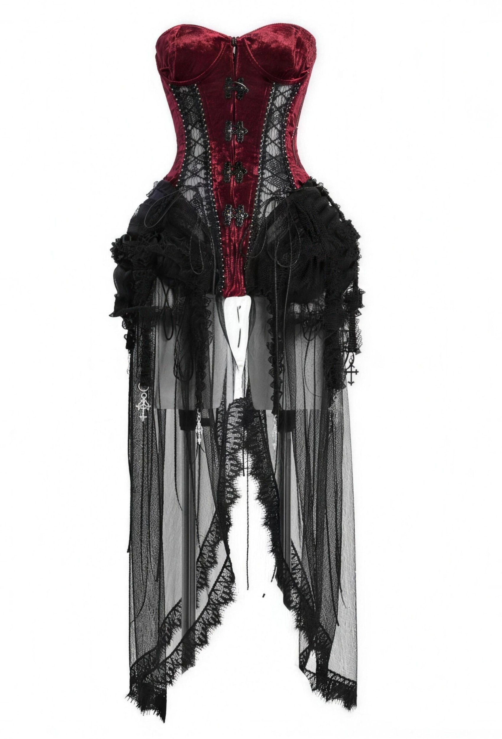 Goth black and red niche detailed herringbone lace-up birdcage corset