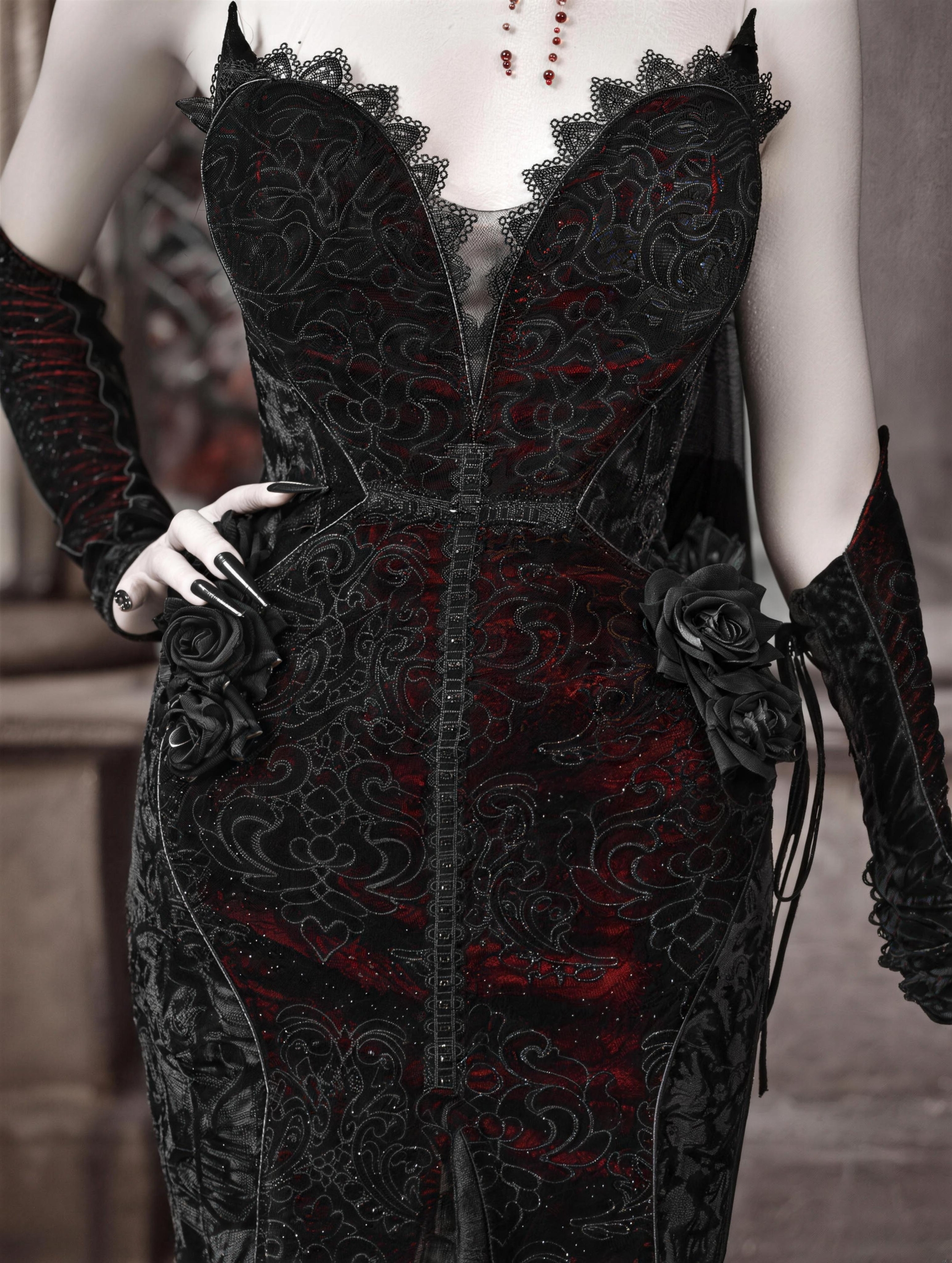 Scarlet Blood Peak Gothic Dark Atmosphere Heart Velvet Shiny Mermaid Dress