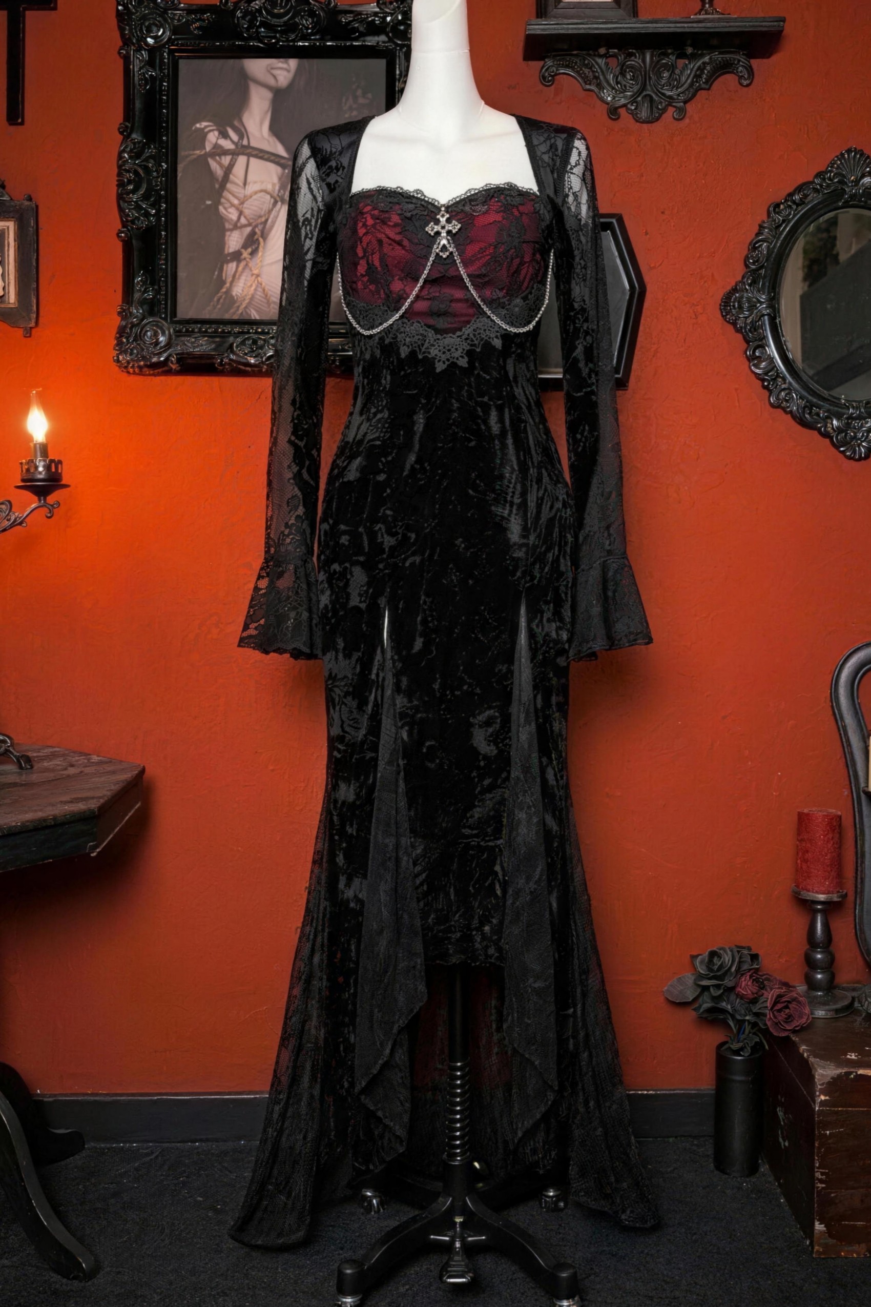 Gothic Dark Red Niche Lace Slim Velvet Mermaid Dress