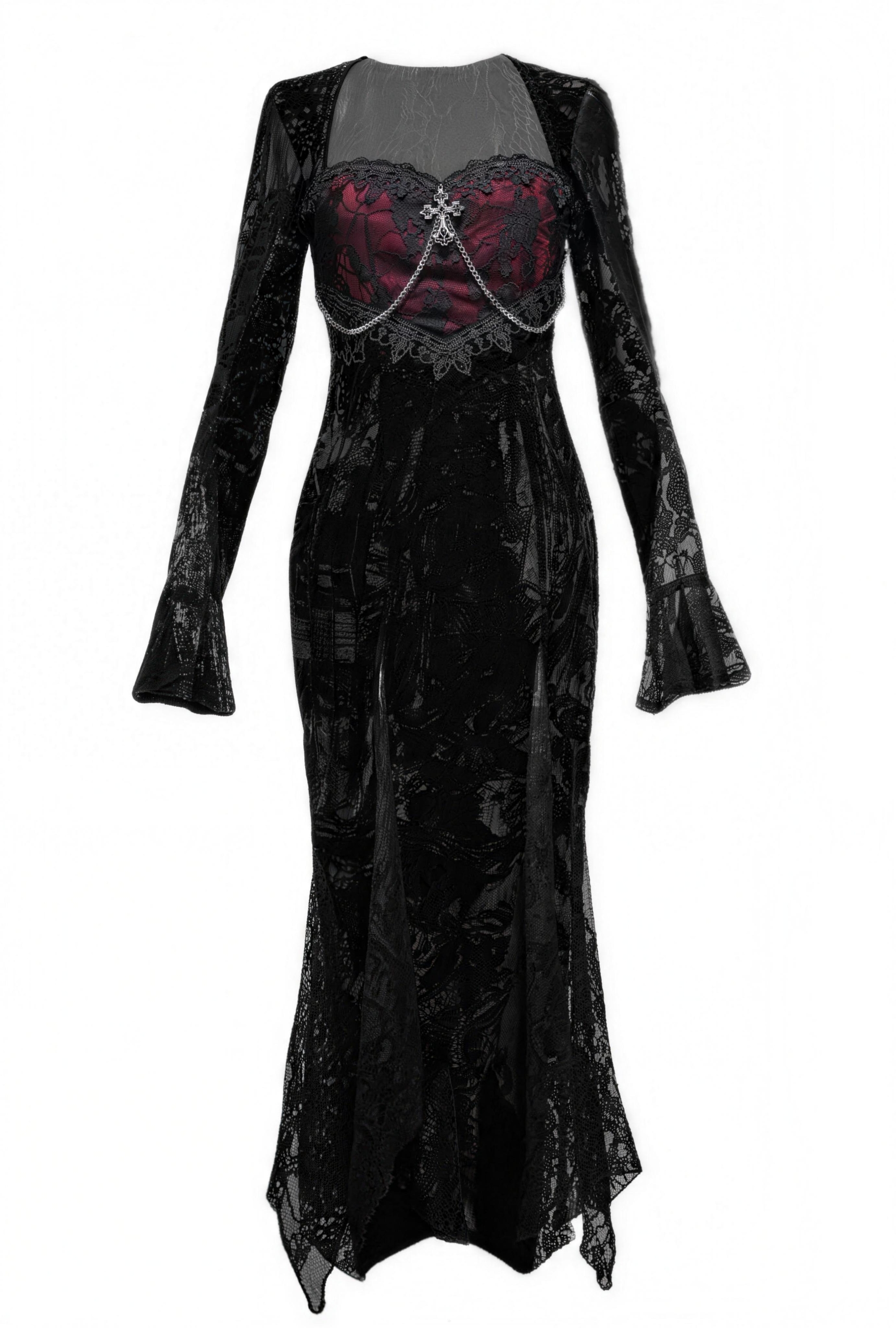 Gothic Dark Red Niche Lace Slim Velvet Mermaid Dress