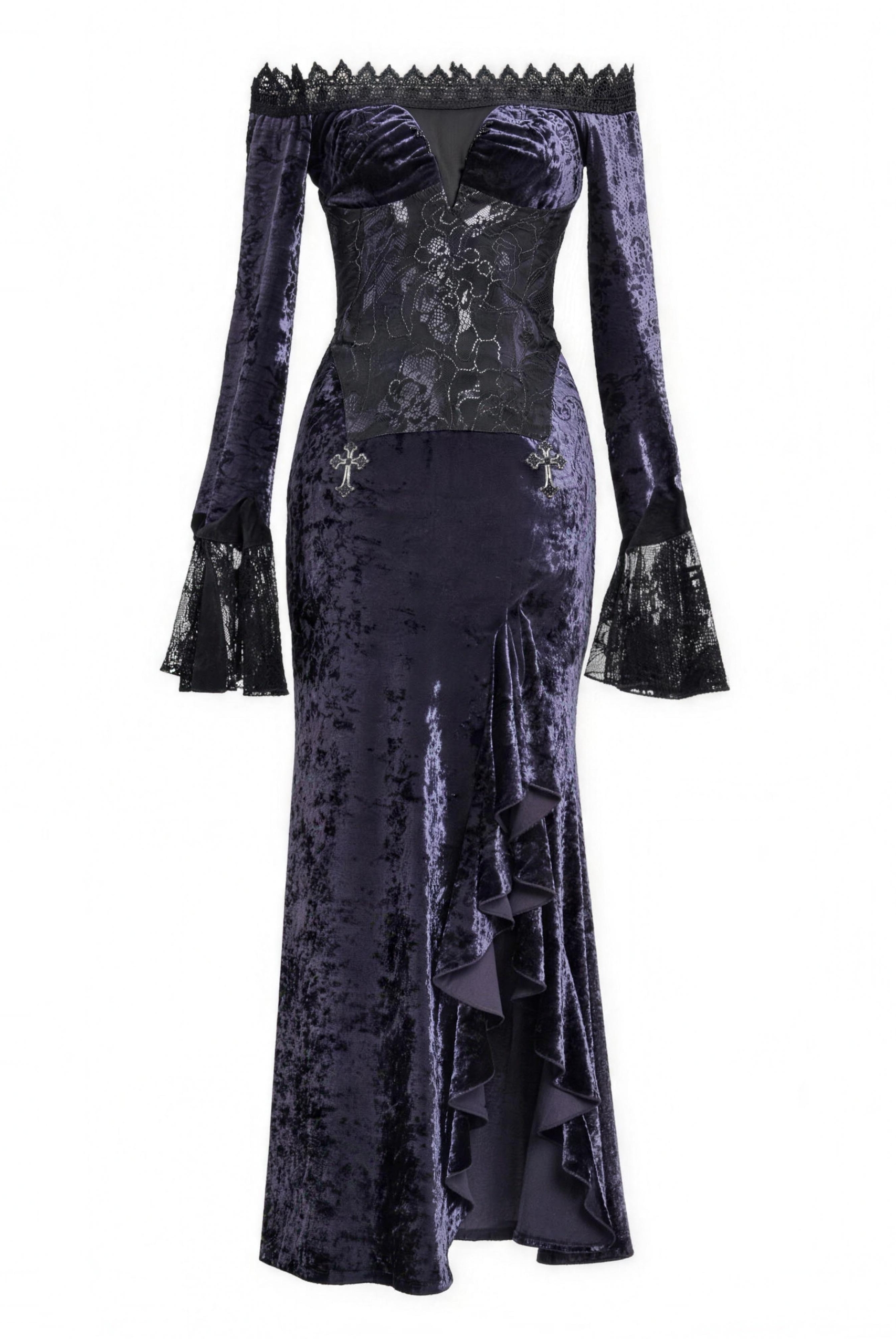 Gothic off-shoulder atmospheric fitted mermaid long-sleeve dress