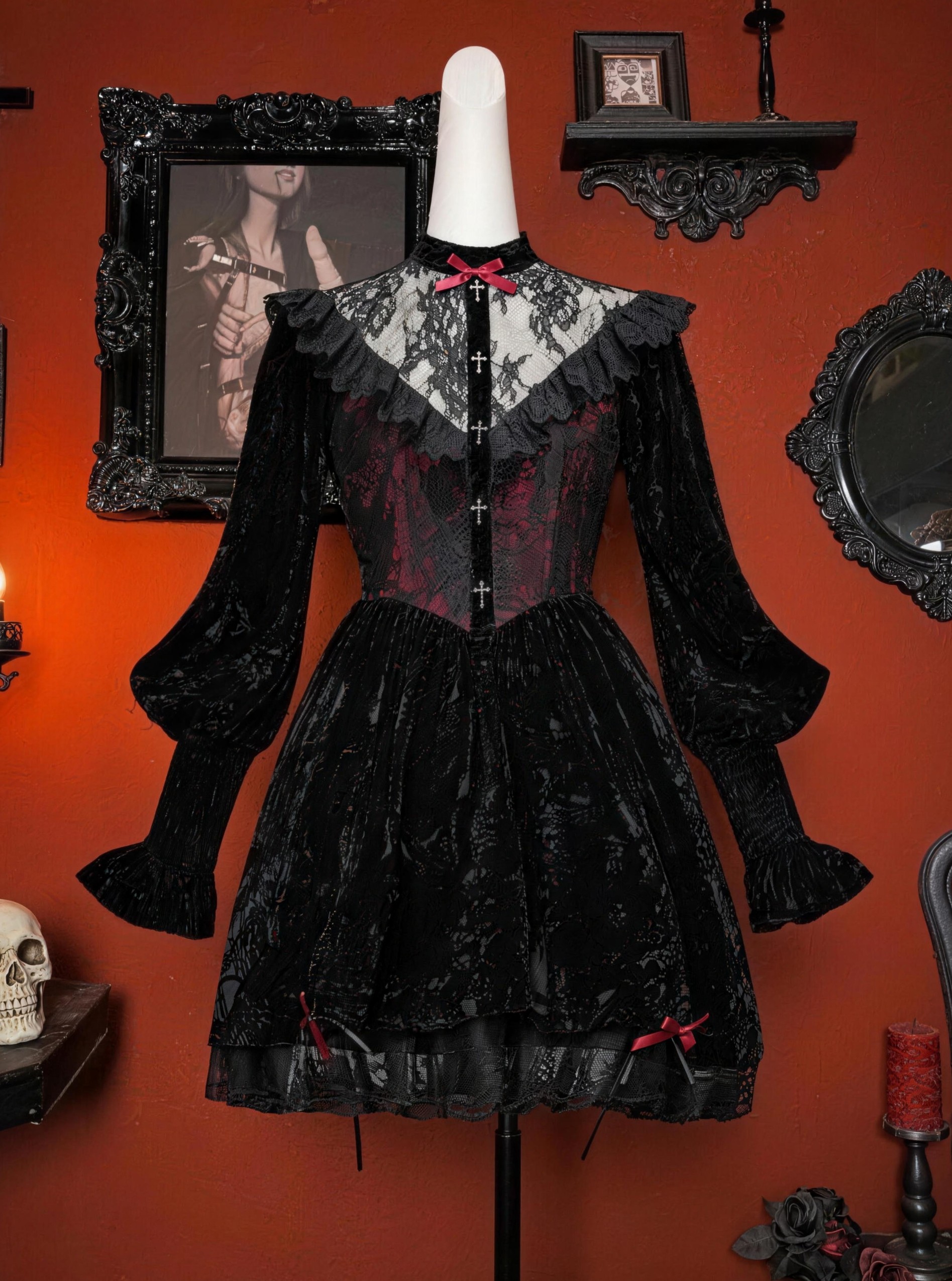 Rose Cemetery Gothic Dark Red Drawstring Design Velvet Puff Sleeve Lace Dress