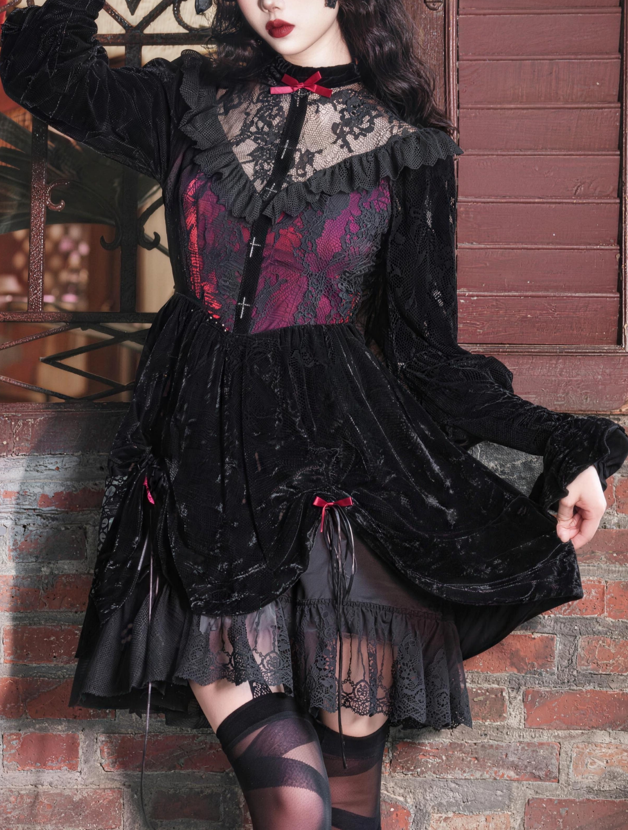 Rose Cemetery Gothic Dark Red Drawstring Design Velvet Puff Sleeve Lace Dress