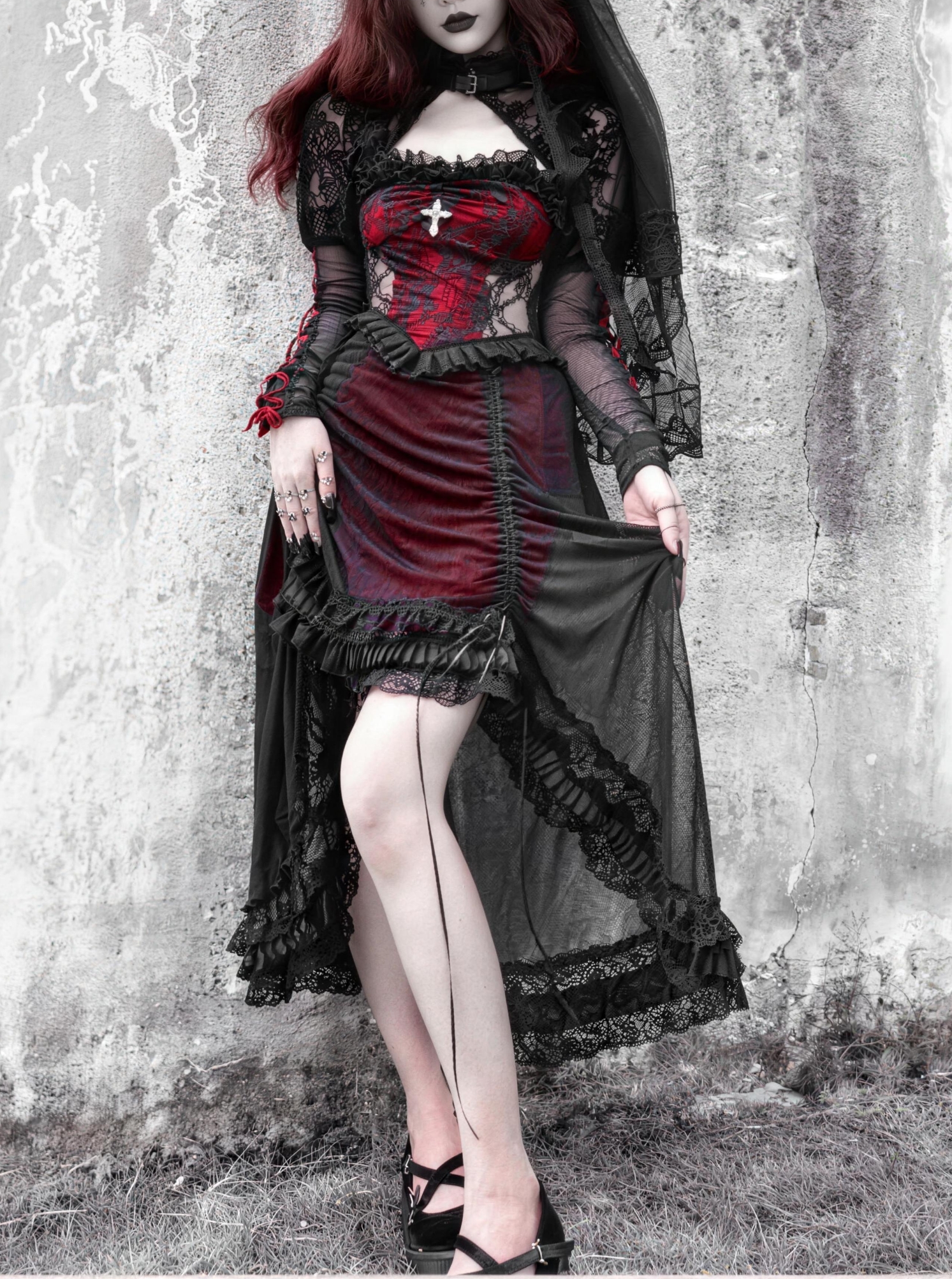 Gothic black and red drawstring gothic dark lace camisole dress